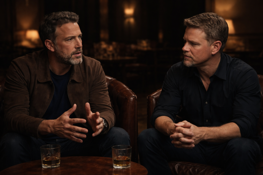 Ben Affleck and Matt Damon in a dimly lit conversation, reflecting on AI, creativity, and decision-making