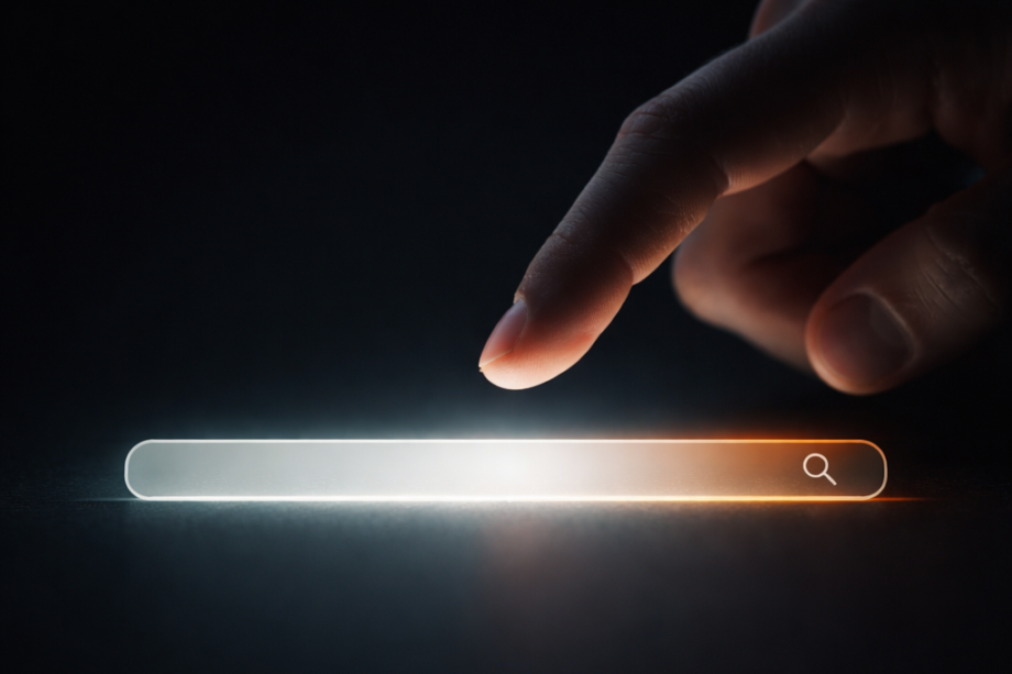 A finger hovering above a glowing search bar in a dark background.